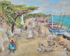 Männer und Esel in Shela, Insel Lamu, Kenia, 2017, 40x50 cm, Öl auf Leinwand [XX-11]