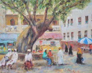 Marktplatz in Lamu-town, Kenia, 2017, 40x50 cm, Öl auf Leinwand [XX-16]