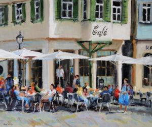 Café am Rathausplatz in Esslingen, 2020, 50x60 cm, Öl auf Leinwand [ES-04]