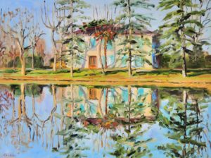 Uferpromenade am Lac de Bellevue in Lisle-sur-Tarn, 2020, 60x80 cm, Öl auf Leinwand [FR-16]