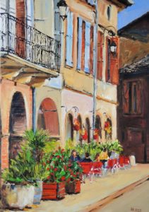 Café am Marktplatz in Lisle-sur-Tarn, 2020, 70x50 cm, Öl auf Leinwand [FR-17]