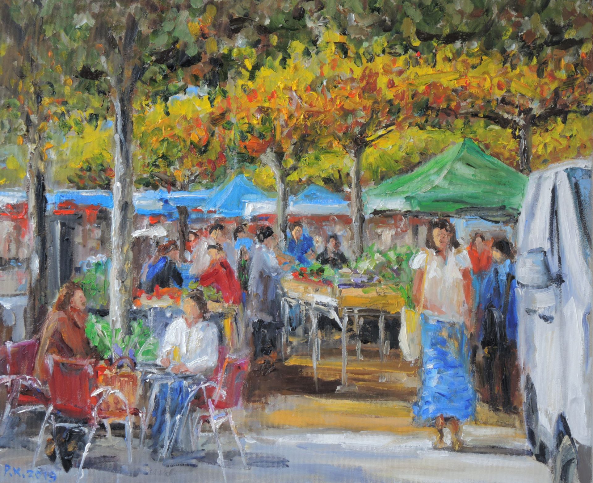 Sonntagsmarkt in Lisle-sur-Tarn, 2019. 50x60 cm, Öl auf Leinwand