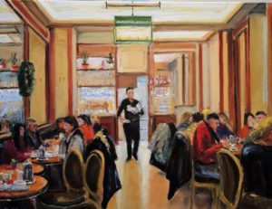 Café „Carette“ in Paris, Place des Vosges, 2021, 60x80 cm, Öl auf Leinwand [FR-23]