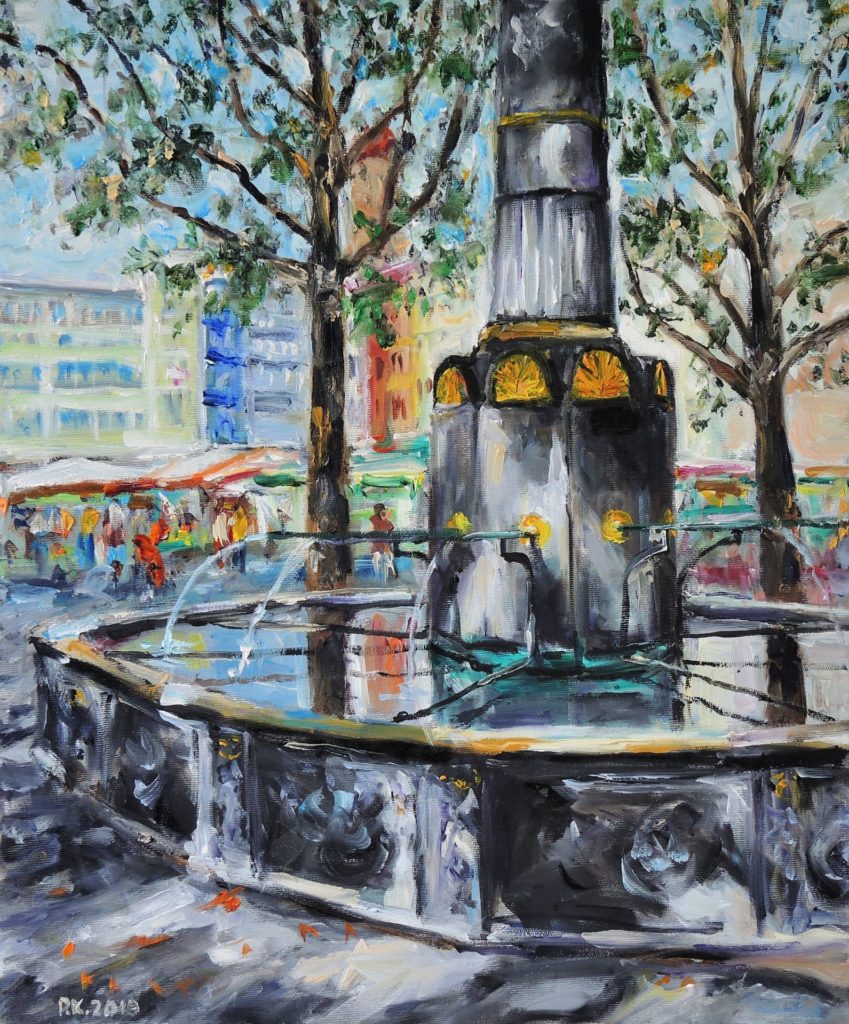 Marktbrunnen, 2019, 60x50 cm, Öl auf Leinwand [ST-02]