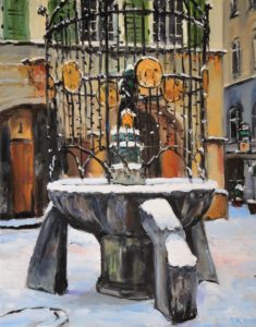 Hans-im-Glück-Brunnen im Winter, 2021, 50x40 cm, Öl auf Leinwand [ST-20]