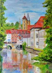 Esslingen vom Rossneckar-Kanal, 2021, 70x50 cm, Öl auf Leinwand [ES-12]