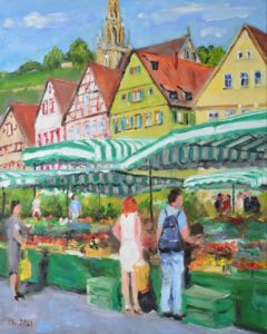 Samstagsmarkt in Esslingen, 2021, 50x40 cm, Öl auf Leinwand [ES-15]